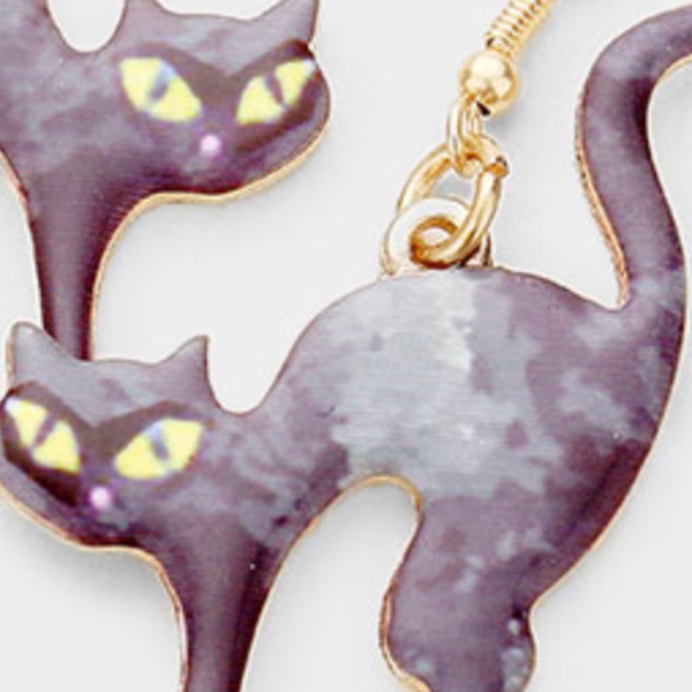 Black Cat Halloween Themed Dangle Enamel Earrings - Picture 3 of 3